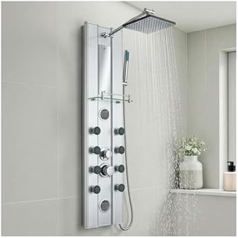 Foto di tectake® Colonna Doccia, Colonna Bagno, Struttura in Alluminio, Regolatore per Soffione Doccia a Pioggia, Doccino, Getto Massaggiante Relax Anticalcare, Specchio Integrato, Ripiano in Vetro - Argento
