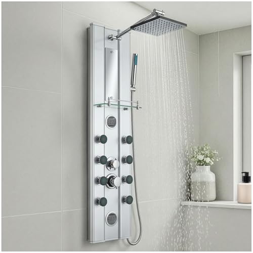 tectake® Colonna Doccia, Colonna Bagno, Struttura in Alluminio, Regolatore per Soffione Doccia a Pioggia, Doccino, Getto Massaggiante Relax Anticalcare, Specchio Integrato, Ripiano in Vetro - Argento