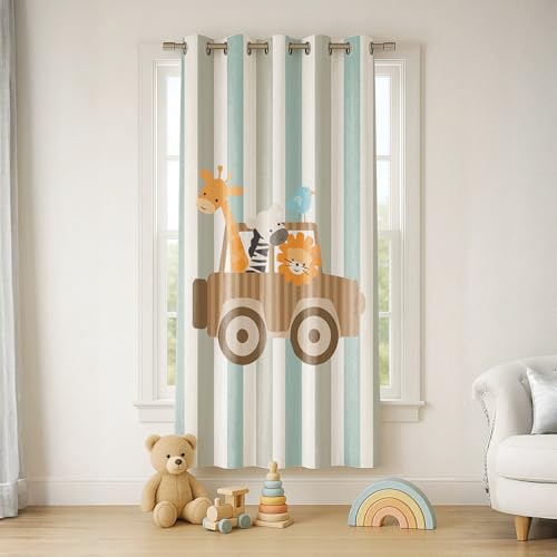 Image of STITCHNEST Velvet Kids Curtains Pack of 1 | Safari Animal Jeep Print | Semi Blackout Curtains for Nursery, Baby Room & Toddler Bedroom | 7 Feet