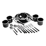 Stansport Deluxe 24-Piece Enamel Tableware Set - Black (11220-20) - Enamel Plates and Bowls Lightweight and Durable Camp Dish Set for Camping and Backpacking Plates and Bowls for 4 People