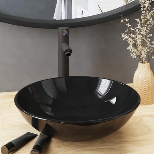 Genérico Lavabo de baño Grifo y desagüe de Empuje Vidrio Templado Negro,Bricolaje,Fontanería,Piezas para fontanería,Lavabos y fregaderos,Lavabos,Negro,8.08 KG,3098452