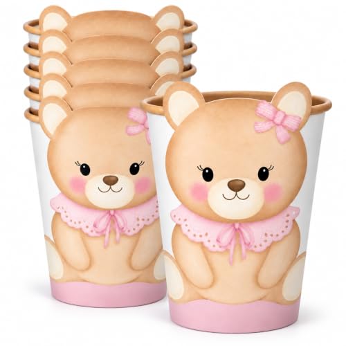Vasos Cumpleaño, Vasos Desechables cartón, Diseño Osito Rosa, 6 Unidades