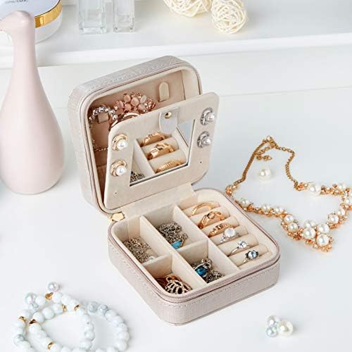Meerveil Jewellery Box Organizer, Jewellery Boxes PU Leather with Mirror and Lock, Portable Jewellery Storage Case for Rings, Earrings, Necklaces, Gift for Girls and Women(Champagne)