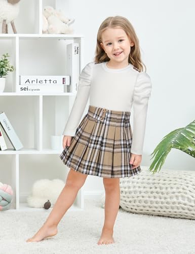 Image of Fuermos Toddler Girl Clothes Puff Sleeve Top and Pleated Girls Plaid Skirt Set 2PCS Girls Outfits Fall Winter
