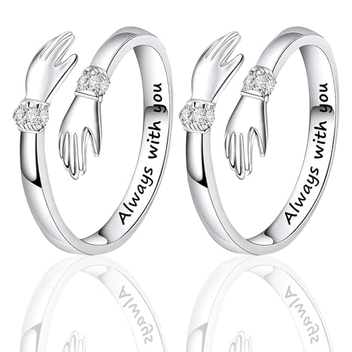 Anillo de plata de ley para abrazar para mujeres con palabras grabadas, anillo abierto ajustable con manos que se abrazan símbolo de amor, para hijas, mamá, hermana, esposa, amigas, día de la madre
