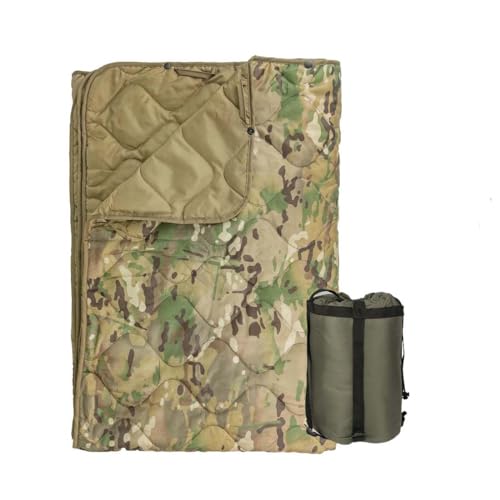 FYRTA Woodland Camouflage Poncho Liner Manta - Manta Resistente al Agua con Aislamiento térmico, Bolsa de Transporte de Compresión, para el Aire Libre Campamento Excursionismo y Pesca,CP Camo