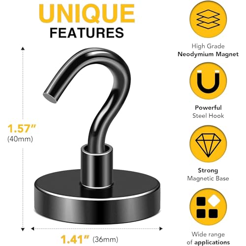 Image of DIYMAG Magnetic Hooks,170lbs Heavy Duty Magnets with Hook Black 8 Pack