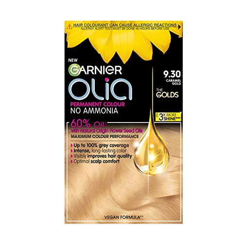 Garnier Olia Permanent Hair Dye, Up to 100% Grey Hair Coverage, No Ammonia, 60% Oils, Gold 9.30 Caramel Gold Garnier Olia Permanent Hair Dye, Up to 100% Grey Hair Coverage, No Ammonia, 60% Oils, Gold 9.30 Caramel Gold