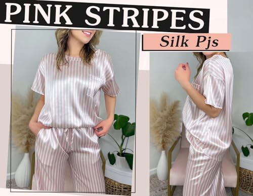 Image of Ekouaer Womens Satin Silky Pajama Set Short Sleeve Shirt with Long Pajama Pant Set Soft PJ Loungewear