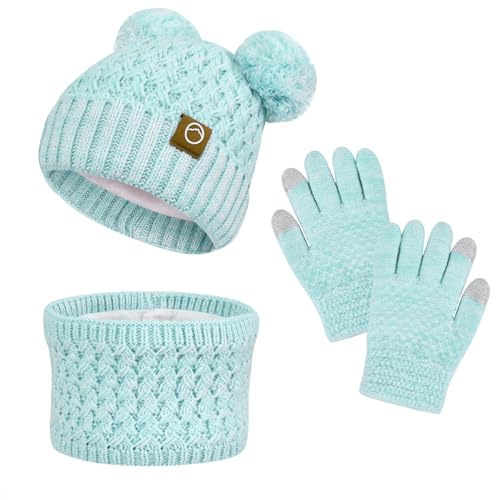 Image of Kids Winter Hat Gloves Scarf Set,Toddler Girls Winter Hat Kids Beanie with Pom Neck Warmer Gaiter Mittens Fleece Lined Set