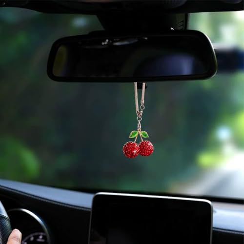 Autospiegel Anhänger, Kirsch Auto Anhänger für Spiegel, Süßer Kristall Rückspiegel Anhänger, Auto Zubehör Innenraum für Frauen, Auto Deko Innenraum, Autospiegel Anhänger Deko, für Autospiegel, Zuhause