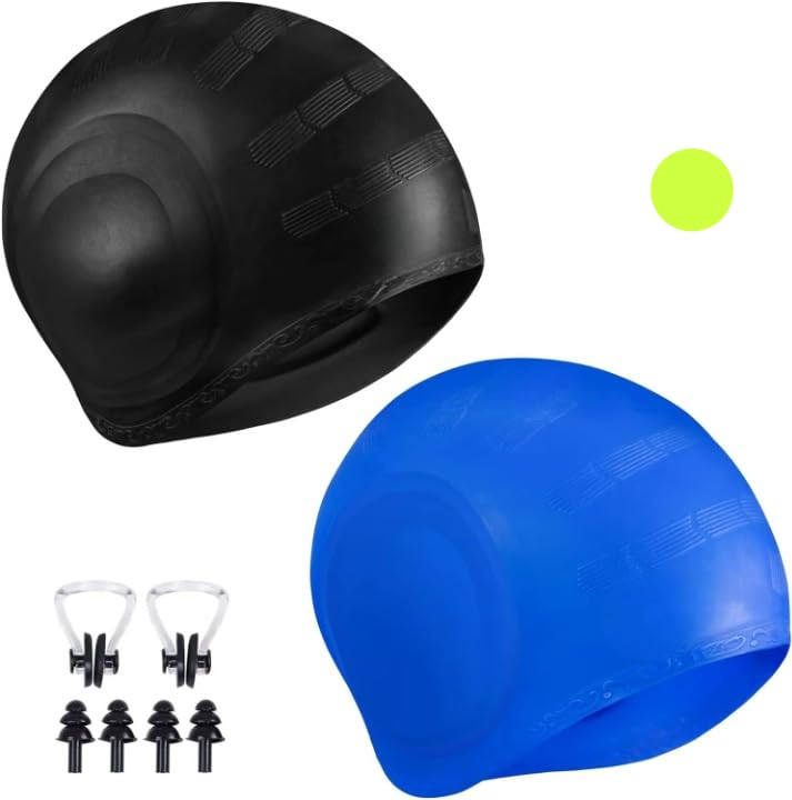 Latest Designed Long Hair Silicone Swim Cap, Keeps Hair Clean with Ear Protector,Waterproof Silicone Swimming Cap for Adult Woman and Men Set of 2 in Blue and Black (B0CZ8VL71C) Amazon Price History, Amazon Price Tracker