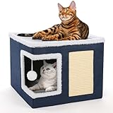 Picture of petizer Cat Bed for Indoor Cats, Large Covered Cat House with Scratch Pad, Foldable Cat Cave Bed & Hideaway Cube with Reversible Cushions, Cute Cat Condo for Multi Small Pet Kitten (Blue)