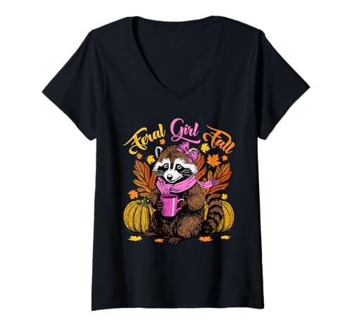 Femme Raccoon Feral Girl Fall Vibe Autumn Coquette Bow Trash Panda T-Shirt avec Col en V