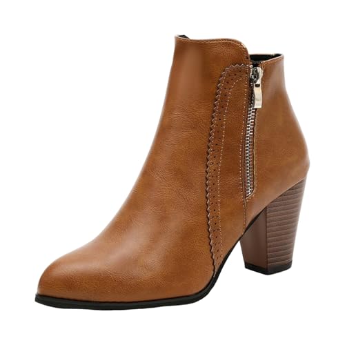 VBEDKDEB Bottines pour femme - Style rétro - Pour les loisirs - Couleur unie - Talons carrés - Fermeture éclair - Courtes - Bout rond - Chaussures d'écurie, marron, 37 EU