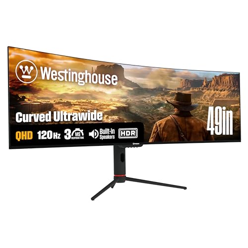 Westinghouse 49 Inch Curved Ultrawide Gaming Monitor, 120Hz, AMD FreeSync, Low Motion Blur, for PC Games with Built in Speakers, DisplayPort,HDMI