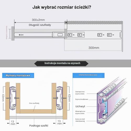 Prowadnice do szuflad z pełnym wysuwem, 1 para prowadnic kulkowych 300 mm, 3-sekcyjne, montaż boczny, udźwig 45 kg, ciche domykanie – kolor czarny