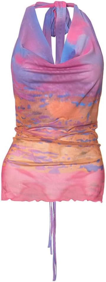 Women's Tie Dye Halter Crop Top Ruched Sleeveless V Neck Strapless Draped Cami Tank Backless T Shirts - Image 3