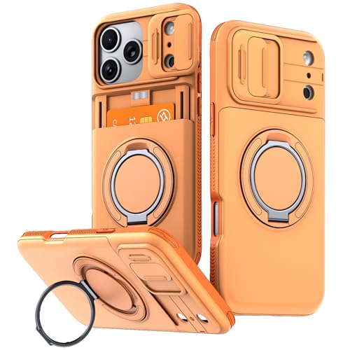 YANJIEER Coque pour iPhone 17 Pro Max/iPhone 18 Pro Max,Protection Antichoc Militaire avec Porte-Carte,Support Anneau 360°,Cache Caméra Coulissant,Compatible Support Voiture Magnétique Orange
