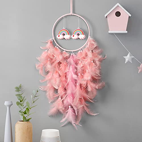 Dremisland Dream Catcher Wall Hanging Pink Feathers Rainbow Dreamcatcher for Children Handmade Home Decor for Windows Bedrooms Kids Room Girls Gift(No Light)