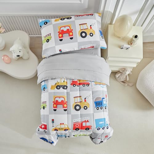 Image of White Gray Toddler Bedding Set for Boys Girls Colorful Cars Vehicle Auto Fire Engine Bulldozer 4PC Toddler Bed Set - Soft Cute Toddler Plaid Patchwork Bed in a Bag with Sheet Set and Pillow Shams
