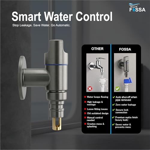 Image of Fossa 1-Year Warranty Stainless Steel Laundry Washing Machine Faucet | Outdoor Water Spigot with Handle | Multi-Use Hose Connector Tap, Angle Valve - Grey (Matte Finish)