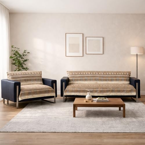 Image of Elegant Woven Brown Sofa Cover - Soft Chenille Traditional Pattern with Lace Style | L-Shape Sectional Seat Protector for Living Room | Durable & Stylish Slipcover 3+2 Seater Sofa Cover