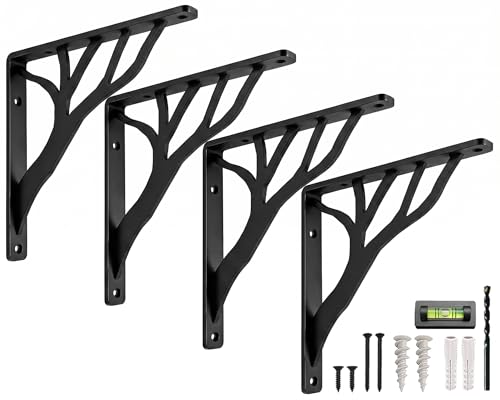 Rustic Tree Black Heavy Duty Shelf Brackets 10 inch by Balin Designs, Decorative L Brackets, Iron Metal Floating Shelf Bracket, Wall Mount Shelving Bracket, Included Hardware, Set of 4