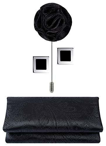 TIE G 5pcs Tie Set in Gift Box : Woven Paisley Necktie, Satin Bow Tie, Pocket Square, Lapel, Cuff Links (Black Paisley)