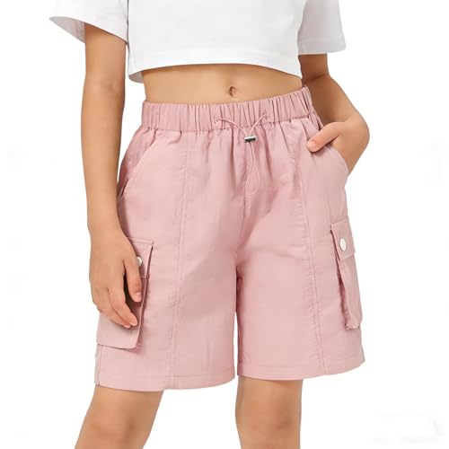 Rolanko Enfant Shorts Fille Sport Actif Èté Cargo Bermudas Shorts pour Ado Course Gym Pantalon Court Parachute, Rose, Taille: 11-12 Ans/160