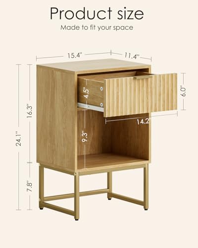 Image of Masupu Fluted Nightstand,Modern Night Stand Wood Bedside Table with Storage Drawer Side End Table for Bedroom,Office,Oak