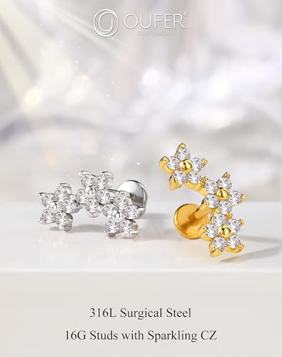 OUFER Curved Floral Helix Piercing, Silver 16G Cartilage Earrings Flat Back Internally Threaded Helix Cartilage Piercing Jewelry for Women Men-8MM — view 4