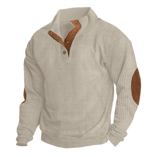 Mens Casual Corduroy Sweatshirt Long Sleeve Stand Collar 1/4 Button Pullover Fall Polo Sweater with Elbow Patches Beige, M