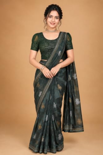 Image of SFT Women's Organza Patch Readymade Saree Blouse with Round Neck Half Sleeves Abstract Pattern Pull On Closure Regular Fit and Standard Length