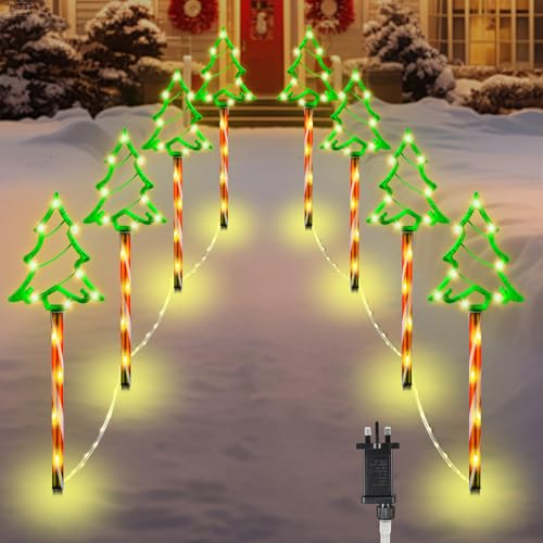 MaxEarn 8 Pack Outside Christmas Tree Path Lights, 8 Modes Lighting Waterproof 144LED So Big 18cm Christmas Tree Sign Decorations, Warm White Pathway Lights for Xmas Festive Outside Garden, Yard Decor