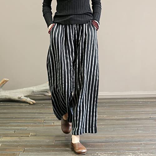FZYLQY Women's Casual Cotton Linen Pants Striped High-Waist Wide-Leg Slacks Lightweight Palazzo Capri Culotte Pants2