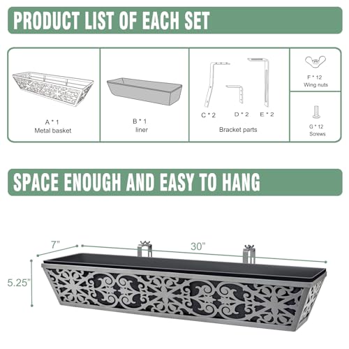 4 Pack 30 Inch Window Boxes Planter for Outdoor Plants Deck Railing Planters Box with Adjustable Brackets for Porch Fence Balcony Hanging Flower Baskets with Non-Woven Fabric Liner for Garden Décor by Karlliu - Used condition - Image 7