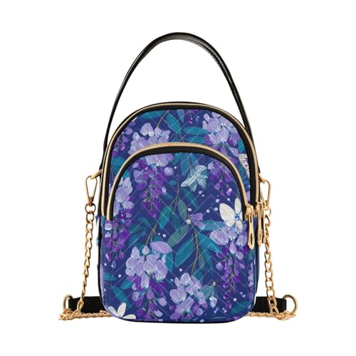 susiyo Blue Wisteria Flowers White Orchi Pattern Crossbody Purse for Women, Quilted Crossbody Bag Ladies Casual Bags Shoulder Bag Phone Purse Handbag Wallet