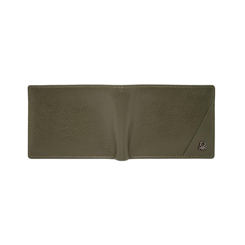 Image of United Colors of Benetton Men's Minimalist Leather Slimfold Wallet Gladbeck - Olive | Thin Bifold with 8 Card Slots & 2 Compartments | Stylish Purse of Gents
