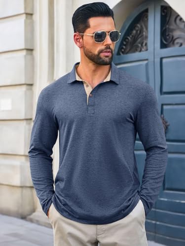 Yousify Mens Polo Shirts Long Sleeve Button Casual Basic Collared Lightweight Golf Shirts2