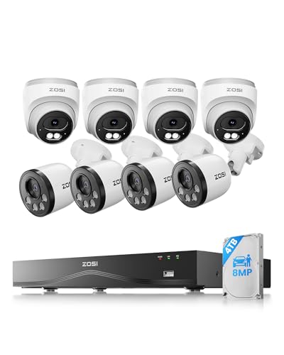 ZOSI 4K Kit Cámara de Vigilancia PoE Exterior 8MP 16CH Grabador NVR(Ampliable a 32CH) Sistema con 4TB HDD, Detección de Personas y Vehículos, Acceso Remoto, Visión Nocturna y Grabación 24/7