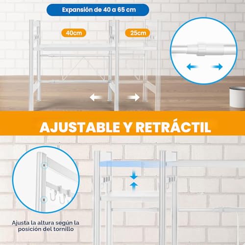 Miniatura 5 de Dwdhyean Estantería Extensible Para Microondas, Estantería De Cocina, De Pie, Para Microondas, De Pie, Organizador De Cocina, Con 6 Ganchos, Organizador Para Encimeras De Cocina Blanco, Un-Nivel