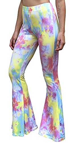 Daisy Del Sol High Waist Gypsy Comfy Yoga Ethnic Tribal Stretch Palazzo 70S Bell Bottom Fit To Flare Pants (Small, Rainbow Tie-Dye) #TOP2