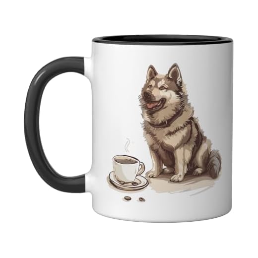 Norwegian Elkhound Coffee Dog Breed Graphic Ceramic Mug, Black/White