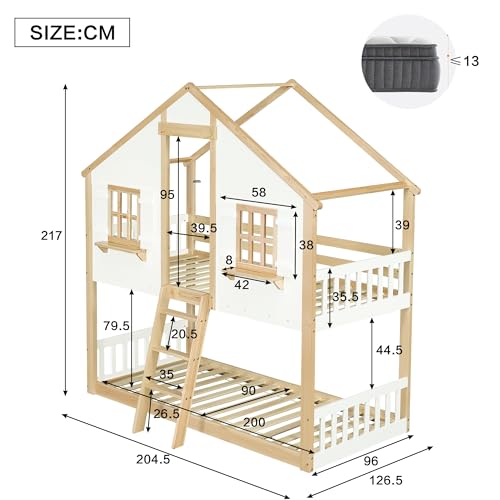 Zravenna Hochbett Hausbett 90x200 mit Schöne Fenster und Dach, Etagenbett für 2 Kinder mit Leiter und Sicherheitsgeländer, Bettrahmen aus Massiver Kiefer (Natur+Weiß-C, 90x200cm)