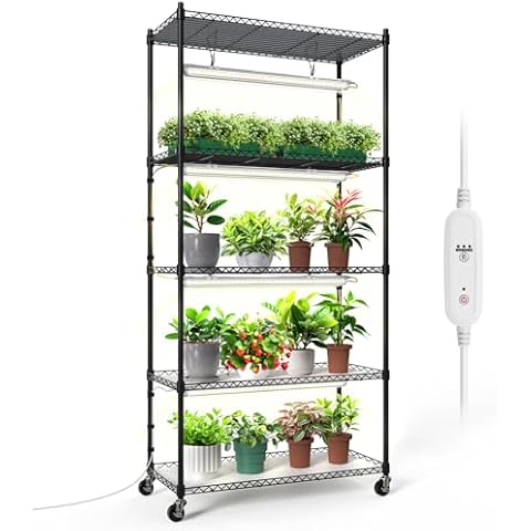 Bstrip Plant Shelf with Grow Lights, 5-Tier Plant Stand with T8 24W Grow Light for Indoor Plants with Wheel, 5000K Full Spectrum LED Plant Light with Timer for Seedling, Seed Starting, 29.5x13.8x59IN Cover