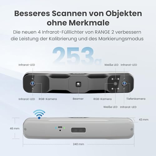 Revopoint RANGE 2 3D-Scanner Handheld, 0,1 mm Präzision, Tragbarer 3D-Scanner, Eingebaute RGB-Farbkamera, Unterstützt Körper- und Gesichtsscans, Reverse Engineering, Windows/Android/iOS/macOS