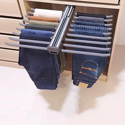 Pull Out Trousers Rack 18 Arms, Extendable Steel Pants Hanger Bar, Space-Saving Storage Organizer for Wardrobe