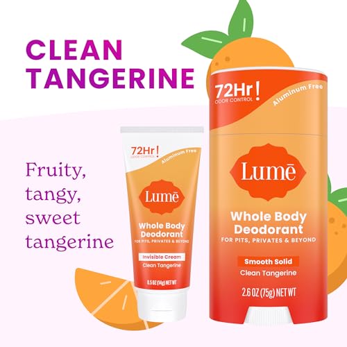 Lume Whole Body Deodorant - Invisible Cream Tube Mini + Solid Stick Bundle - 72 Hour Odor Control - Aluminum & Baking Soda Free, Skin Loving (Clean Tangerine)