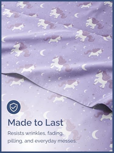 Image of Kids Full Unicorn Purple Bed Sheets - 4 Piece Kids Unicorn Purple Sheet Set | Unicorn Purple Themed Bedding, Ultra-Soft, Cute & Cozy, Breathable & Machine Washable, Bed Set for Boys, Girls & Teens, Comfy